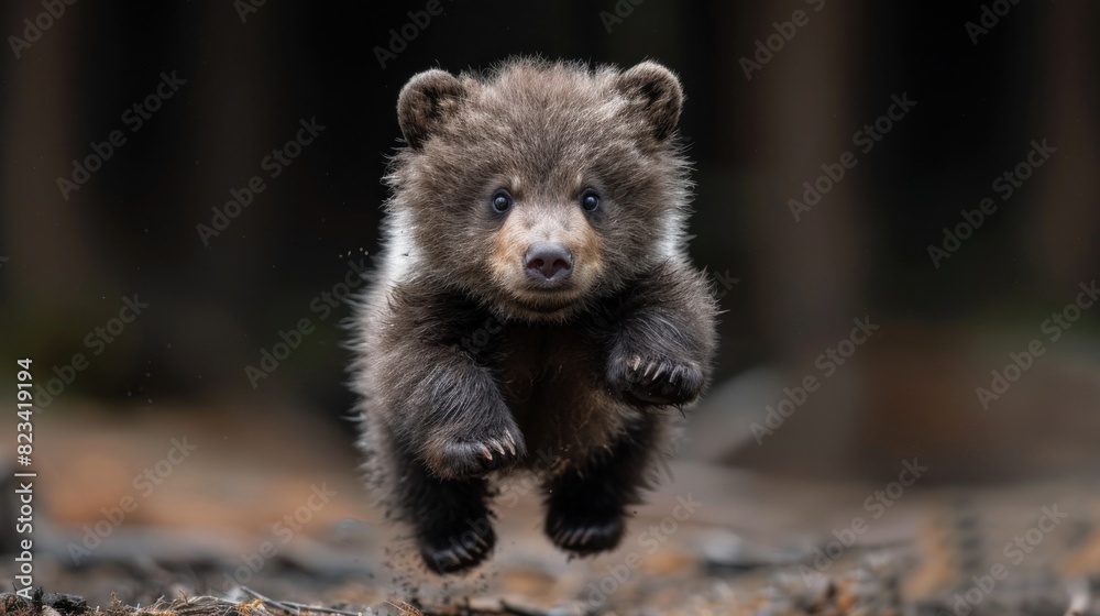 Fototapeta premium Clear diamond bear cub jumping, beautifully lit in a studio