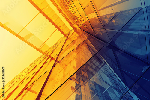 Abstract view of a modern glass building with overlapping yellow and blue reflections