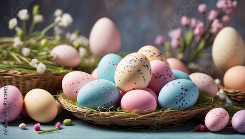 A wicker basket filled with colorful Easter eggs. The eggs are light blue, light pink, white with pink polka dots, and white with blue polka dots. There is green grass and white flowers around the bas
