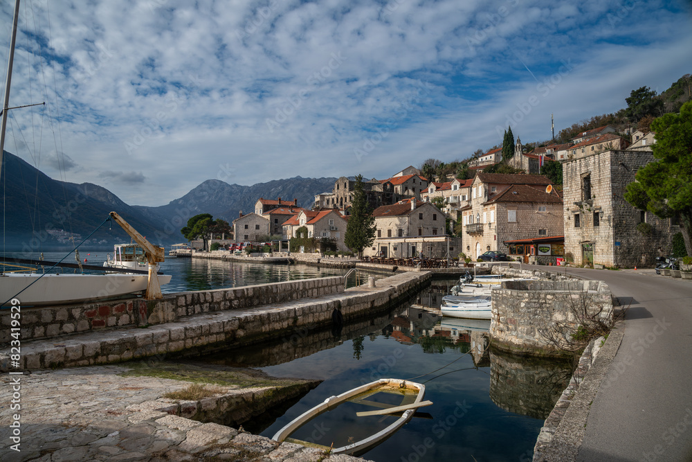 Obraz premium Scenic view of Perast, Montenegro with mountain views near the wonderful Adriatic Sea