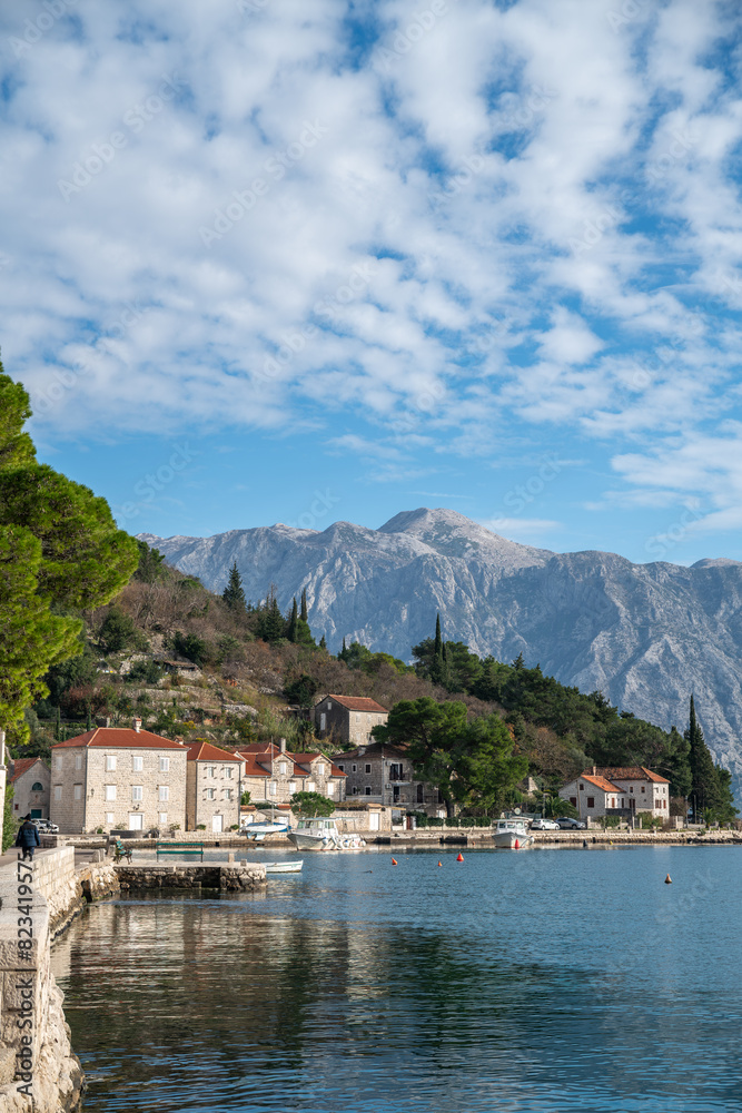 Scenic view of Perast, Montenegro with mountain views near the wonderful Adriatic Sea Scenic view of Perast, Montenegro with mountain views near the wonderful Adriatic Sea