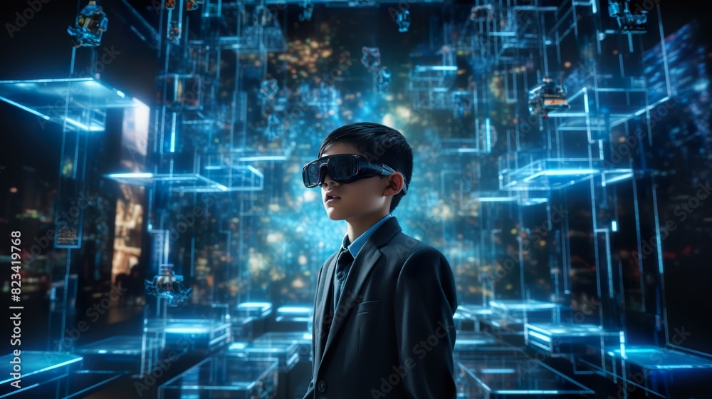 a business and vr headset is in front of a display hologram data tranfer network a business and vr headset is in front of a display hologram data tranfer network