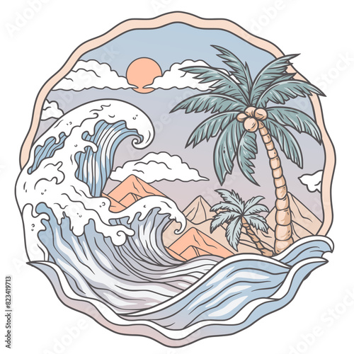 Serene tropical beach paradise illustration with palm trees. Waves and a stunning sunset over the sea. Showcasing the idyllic coastline. Mountains and exotic flora in a warm and tranquil environment