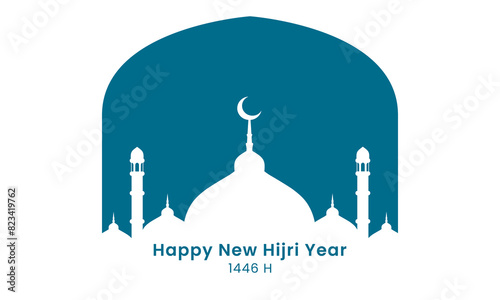 Happy islamic new year background. New Hijri year greeting card design with mosque silhouette. Vector illustration