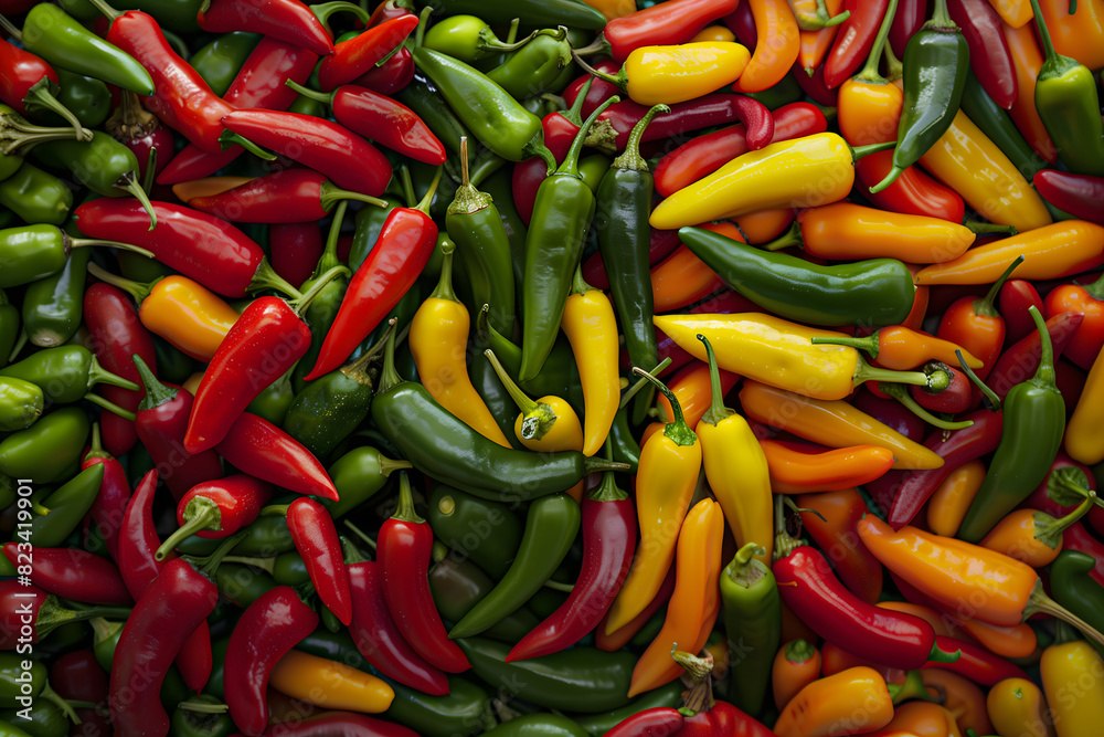 A vibrant illustration of chilies of various colors scattered seamlessly around