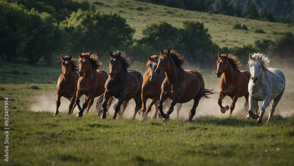 A herd of wild horses gallops freely across a green meadow, leaving a trail of dust under a clear blue sky. A herd of wild horses gallops freely across a green meadow, leaving a trail of dust under a clear blue sky.