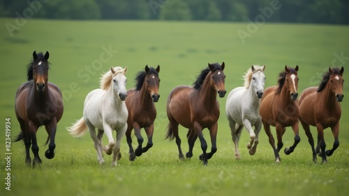 A group of seven horses galloping freely in a lush, green meadow on a sunny day, showcasing the beauty and power of these majestic animals.
