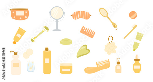 Set of bathroom accessories, face care, skincare. Hygiene and beauty products. Cream, lotion, shampoo, shower gel, soap, mirror, cotton buds, sleep mask, gua sha, massage brush. Vector illustration.