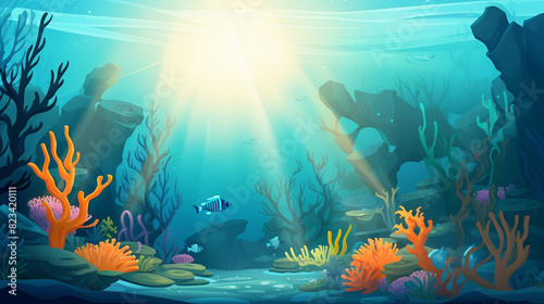 Vibrant Marine Life: Colorful Underwater Sea Bottom with Plants, Corals, and Fishes - Panoramic Seascape Vector Illustration © Spear