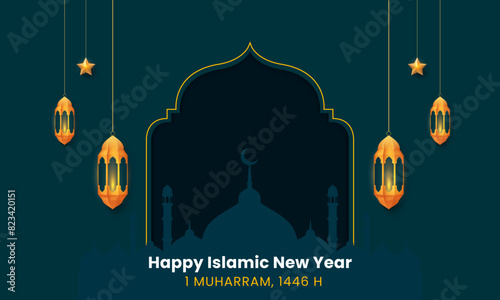 New Hijri year Islamic greeting celebration design. Happy Islamic new year 1446 concept template. Vector illustration