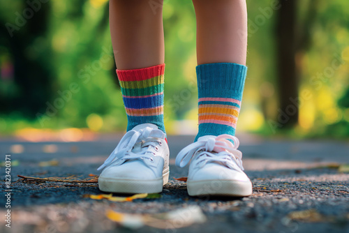 Child in Mismatched Striped Socks Promoting Anti-Bullying