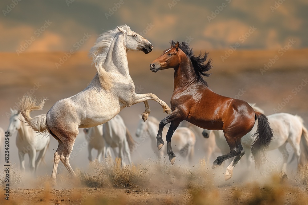 Two horses rearing up and fighting in the middle of an open field, surrounded by other wild horses running around them. The background is a dusty desert with brown hues. Horizontal. Space for copy. 