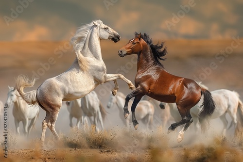 Two horses rearing up and fighting in the middle of an open field  surrounded by other wild horses running around them. The background is a dusty desert with brown hues. Horizontal. Space for copy. 