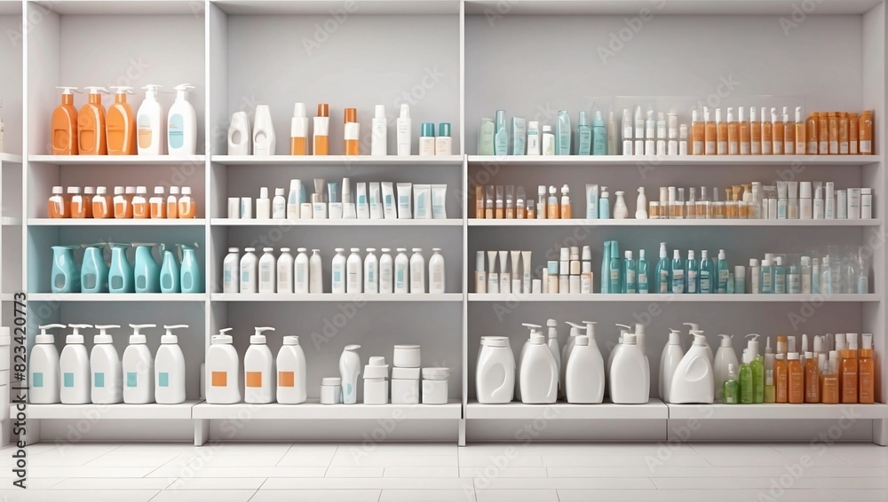 There are four white shelves lined with various bottle beauty and personal care products