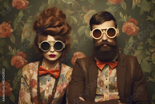 A quirky couple dressed in retro fashion with oversized sunglasses against a floral backdrop