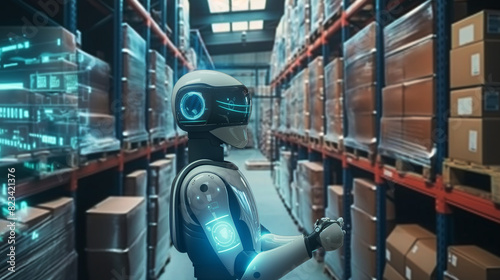modern AI robot working in a smart warehouse managing and checking the stocks of products using augmented reality hologram technology  industry automation through futuristic artificial intelligence