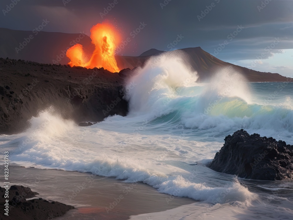 Fototapeta premium Fiery orange sunset paints the sky with clouds reflected in the calm ocean