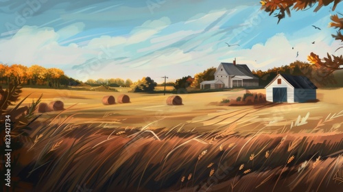 A painting depicting a farm during harvest season, with hay bales in the foreground. © Svyatoslav Lypynskyy