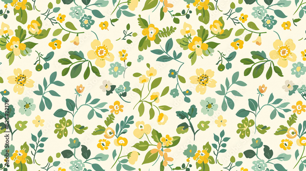 Yellow floral pattern on cream background. Seamless pattern with yellow floral and green leaves on cream background, perfect for spring and summer projects. Yellow floral pattern on cream background. Seamless pattern with yellow floral and green leaves on cream background, perfect for spring and summer projects.
