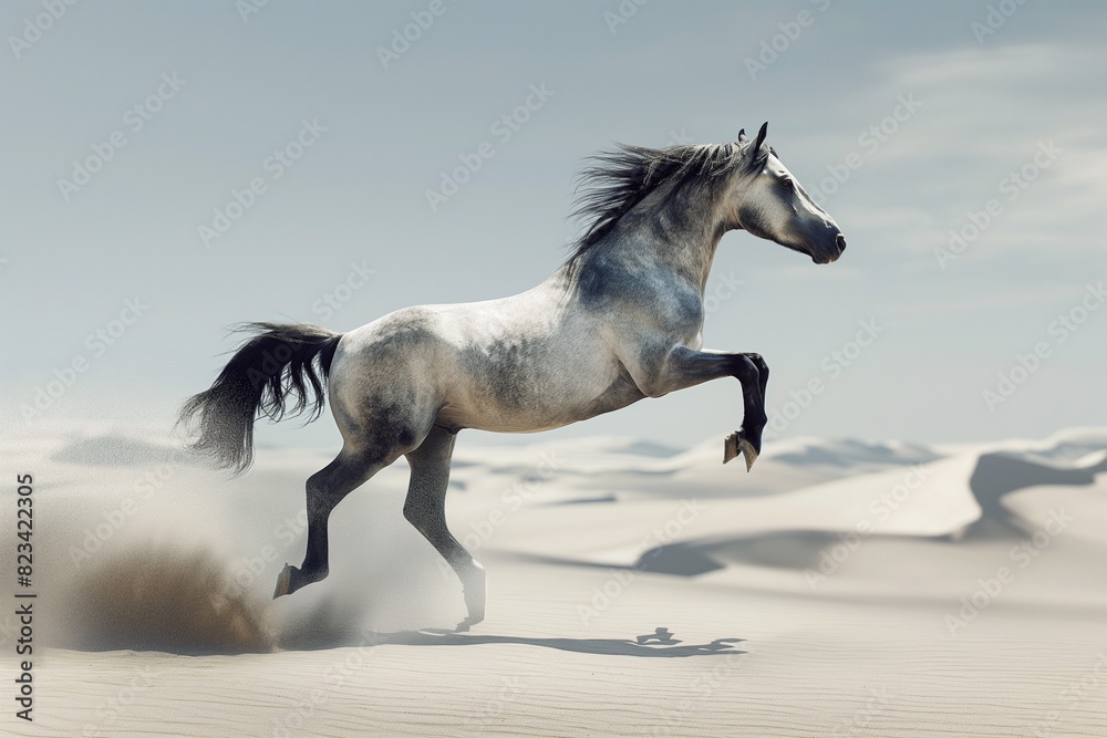 A majestic gray and black horse rearing up in the desert, white sand dunes, ethereal atmosphere, soft shadows, minimal contrast. Horizontal. Space for copy. 
