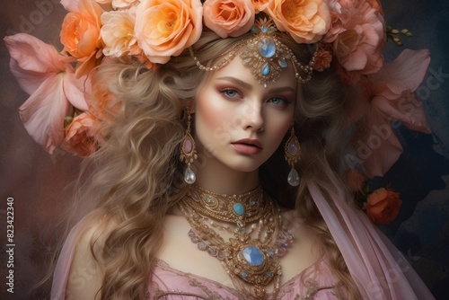 Woman in a pale pink dress, adorned with gold and pearl details, with a vintage and romantic style, with touches of belle époque. Her background is dark and faded