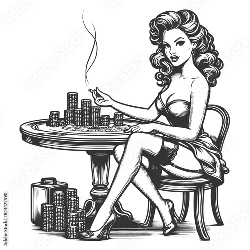 pin-up woman at a casino table, surrounded by poker chips, elegance sketch engraving generative ai fictional character vector illustration. Scratch board imitation. Black and white image.