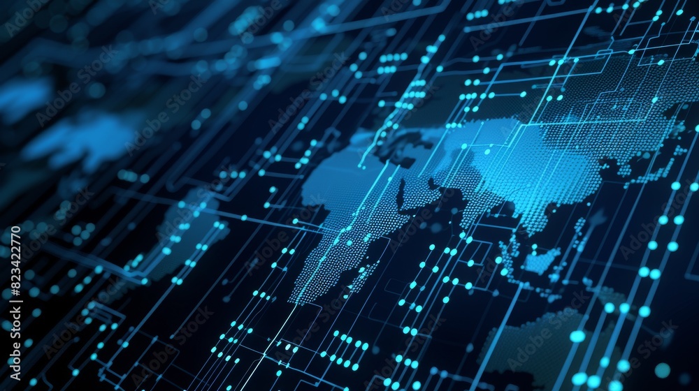 This stock image captures a sophisticated digital map highlighted with blue lights representing a global network, illustrating the concept of global connectivity and data sharing. This stock image captures a sophisticated digital map highlighted with blue lights representing a global network, illustrating the concept of global connectivity and data sharing.
