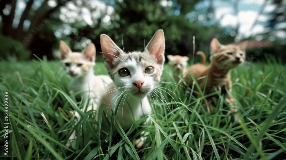Collection of kittens walking through a vibrant green field.