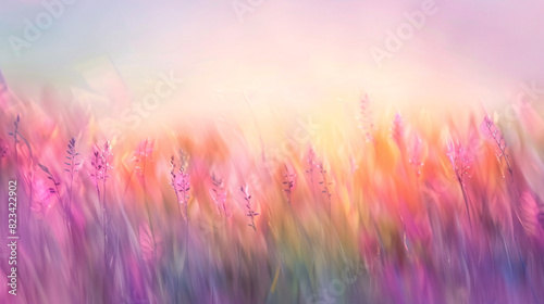 Dreamy pastel meadow background. Soft focus image of a meadow with pastel colors in pink  orange  and purple  perfect for backgrounds or dreamy designs.