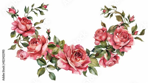 Flowers, wreaths, watercolor frames, pink rose illustrations isolated on white background. Perfect for greeting cards.