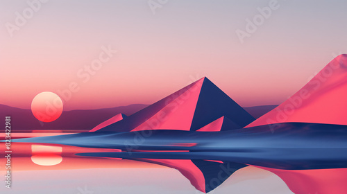 Neon sunset landscape. Abstract neon pink and blue landscape with pyramid mountains reflecting in water  surreal sunset scenery.