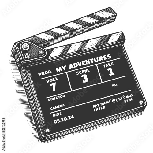 film clapperboard labeled My Adventures, indicating production details sketch engraving generative ai vector illustration. Scratch board imitation. Black and white image.