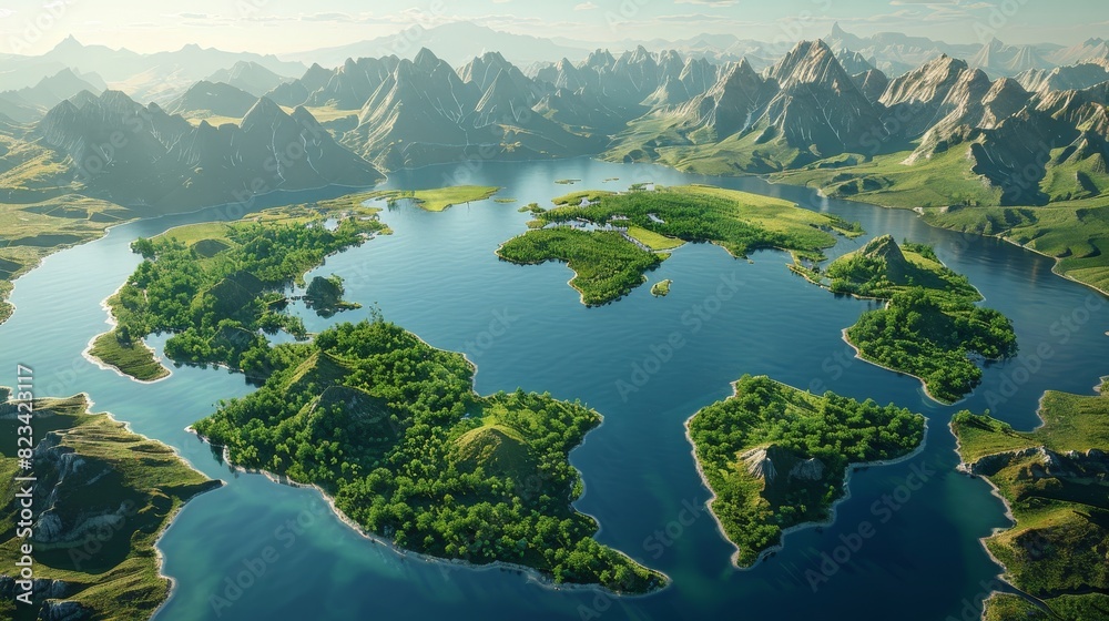 Toward a lake shaped like the continents of the world, surrounded by untouched nature. A metaphor for ecological travel, conservation, climate change, global warming, and the fragility of nature. 3D Toward a lake shaped like the continents of the world, surrounded by untouched nature. A metaphor for ecological travel, conservation, climate change, global warming, and the fragility of nature. 3D