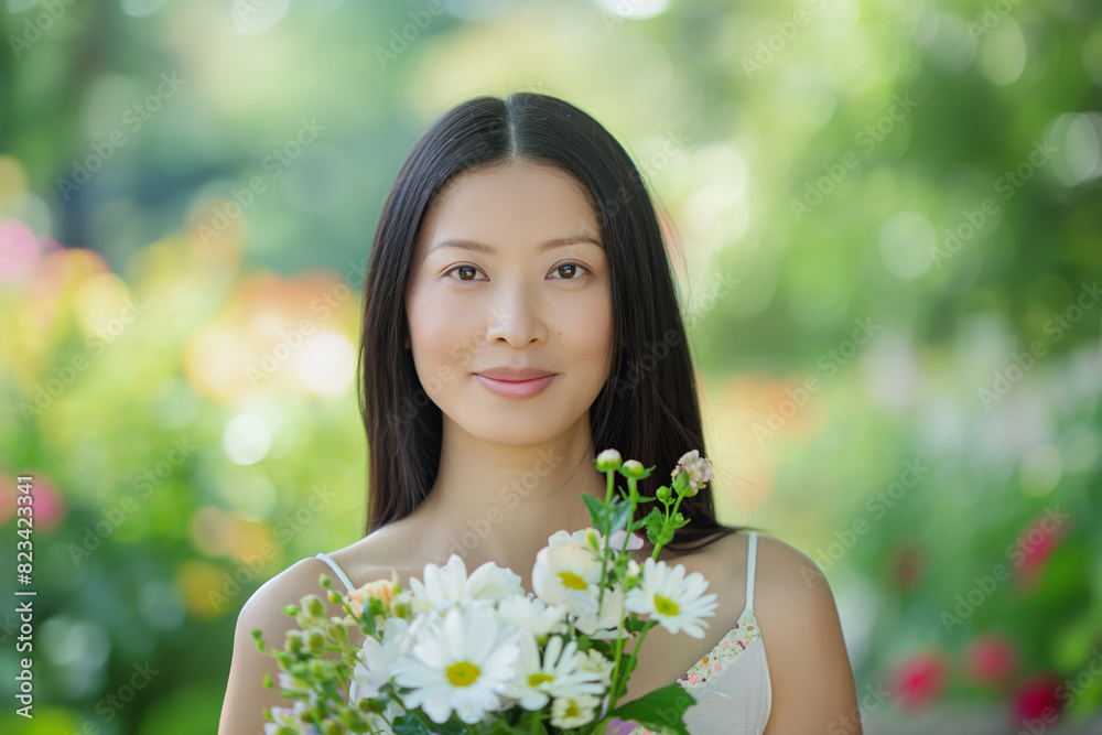 Asian Woman holding a bouquet of flowers in a green garden, smiling, wearing white dress, serene ambiance, daytime