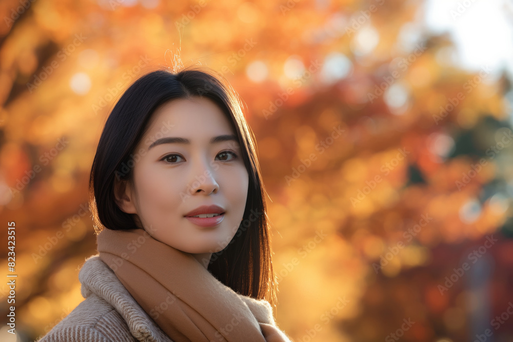 Portrait of a woman in autumn with beautiful fall foliage and soft sunlight in the background. Portrait of a woman in autumn with beautiful fall foliage and soft sunlight in the background.