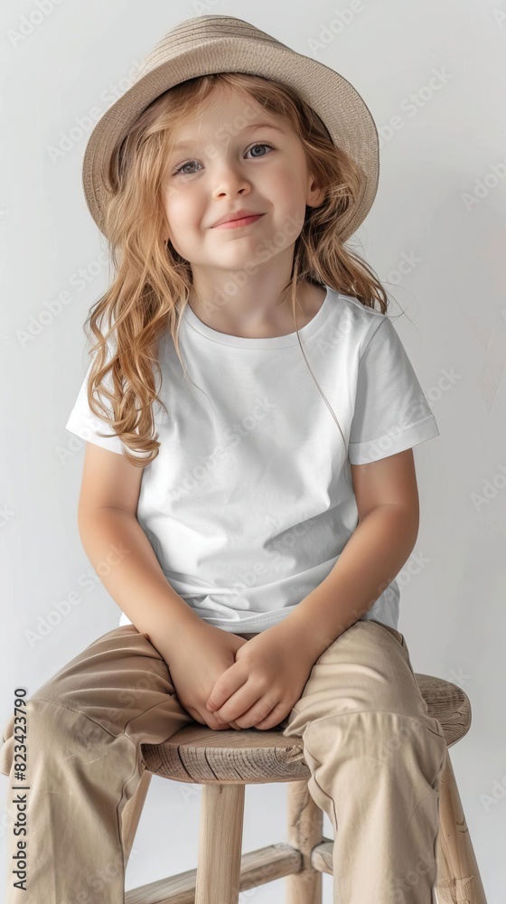 blank unisex Canvas toddler T-shirt Mockup, color white, girl model sitting on a stool wearing khaki pants and a hat blank unisex Canvas toddler T-shirt Mockup, color white, girl model sitting on a stool wearing khaki pants and a hat