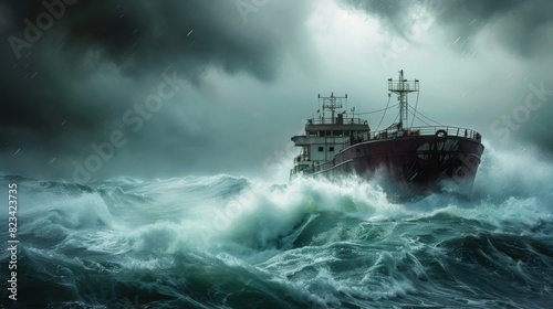 A ship navigates through the expansive waters of the ocean, braving the elements in its journey across the sea.