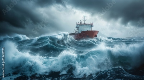 A large ship battles the rough ocean waves under a cloudy sky, showcasing the power and resilience of maritime vessels in harsh weather conditions.