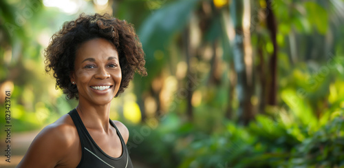 Smiling woman in black sportswear against green foliage, likely in a park or forest environment. photo