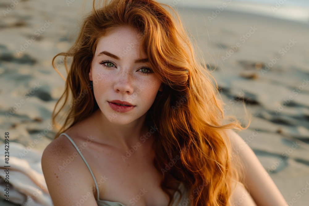 Woman with auburn hair in sundress on sandy beach, displaying freckles and calm expression, with soft sunset lighting Woman with auburn hair in sundress on sandy beach, displaying freckles and calm expression, with soft sunset lighting