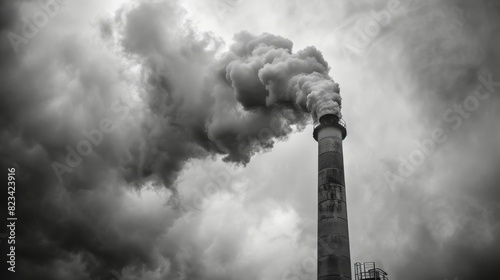 Smoke from a factory chimney against a cloudy sky for environmental or industrial themed designs