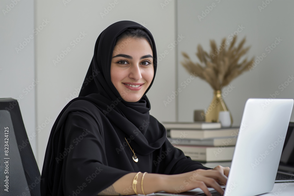 Woman in hijab smiling at desk, working on laptop, with plant and books in the background Woman in hijab smiling at desk, working on laptop, with plant and books in the background