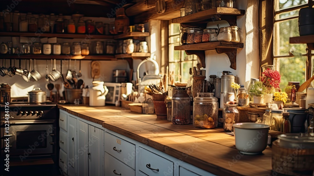 countertops blurred rustic house interior