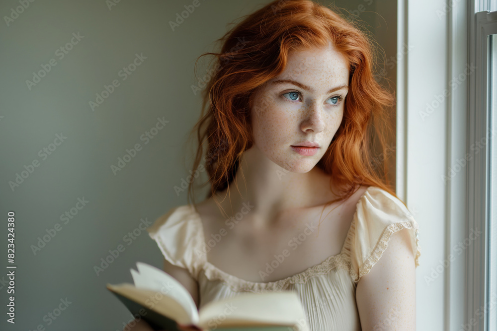 Female with red hair, reading a book, near window, thoughtful expression Female with red hair, reading a book, near window, thoughtful expression