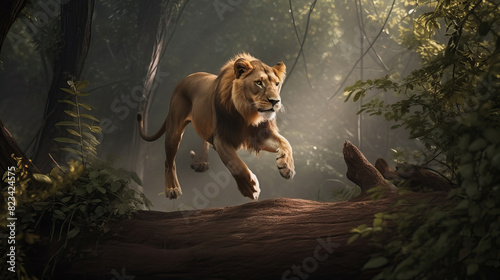 Great lion running and jump in the forest. Animal wildlife in the nature concept.