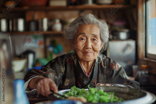 Elderly woman cooking vegetables in traditional attire, showing cultural heritage and culinary traditions in her kitchen