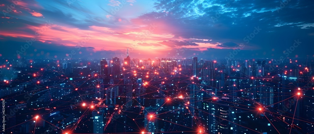Visionary Depiction of a Connected Global Network of Smart Devices and IoT Sensors Powering a Futuristic Metropolis at Night
