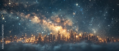 Futuristic Metropolis Surrounded by Starry Milky Way Galaxy