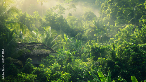 Lush green vegetation in jungle in morning sunlight © Little