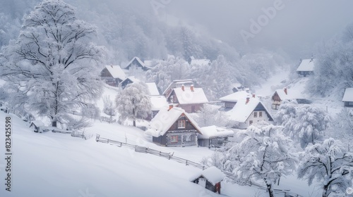 Snowy village in the alps for winter or holiday themed designs © Yusif